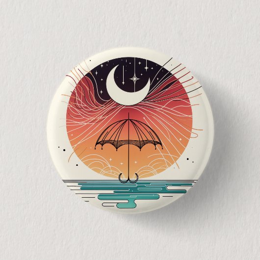 Moon Balancing Rainfall in Boho Line Art Button (Vorderseite)
