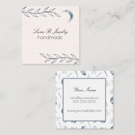 Moon & Botanical Art Blue Gran Quadratische Visitenkarte (Vorne/Hinten)