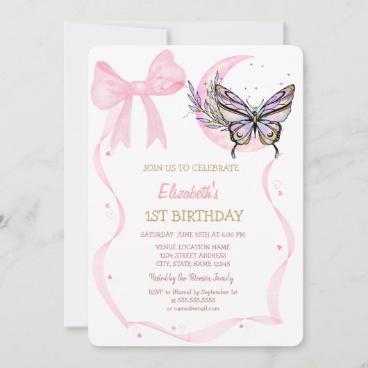 Moon Butterfly Bow gestreift Geburtstag Einladung (Vorderseite)