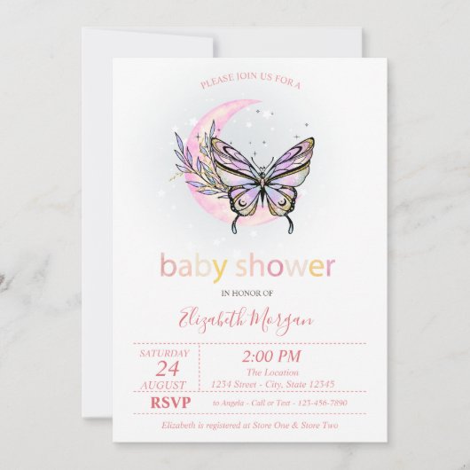 Moon Butterfly Dotted Baby Shower Einladung (Vorderseite)