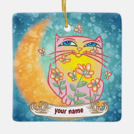Moon Cat Blume Keramikornament (Vorderseite)