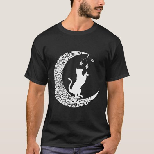Moon Cat Playful Funny Cat Mandala Crescent Moon W T-Shirt (Vorderseite)