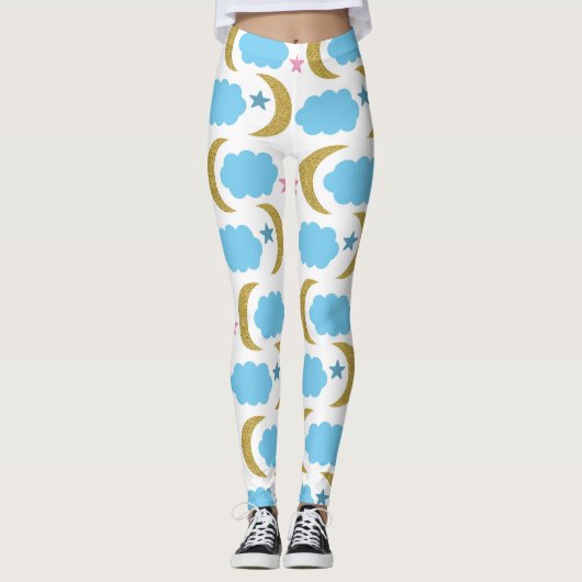Moon Cloud Stars Imitats Gold Glitzer Muster Leggings (Vorderseite)