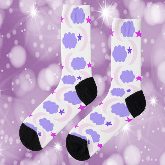 Moon Cloud Stars Muster Pink und Dunkel Lila Socken