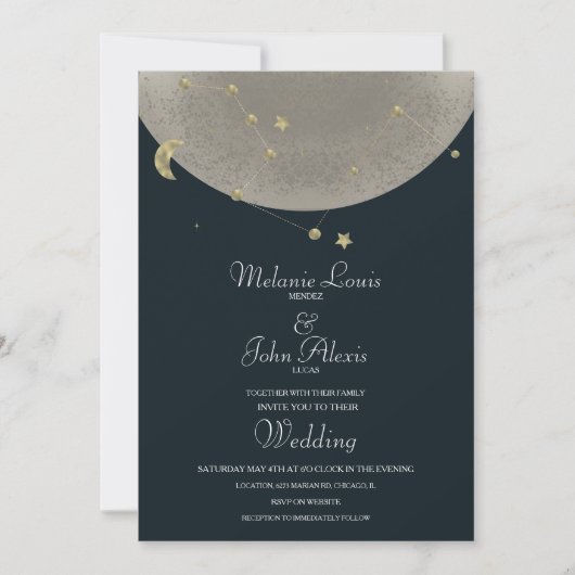 Moon Constellation Gold Celestial Blue Wedding Einladung (Vorderseite)