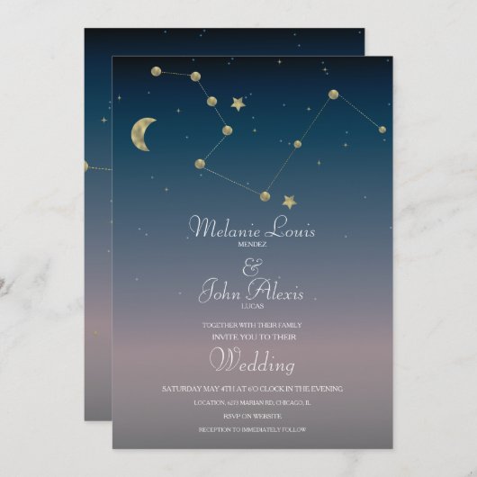 Moon Constellation Gold Foil Wedding Einladung (Vorne/Hinten)