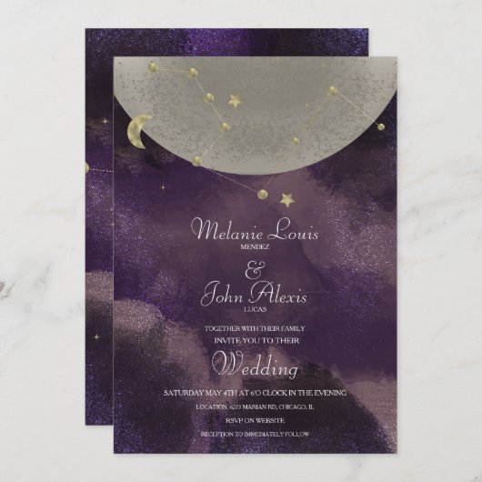 Moon Constellation Gold Lila Celestial Wedding Einladung (Vorne/Hinten)