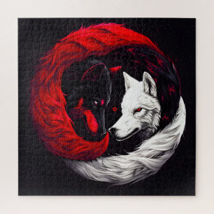 Moon Crimson Red White Wolf Puzzle