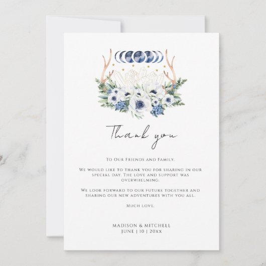 Moon Crystals White Blue Flowers Boho Metaphysisch Dankeskarte (Vorderseite)