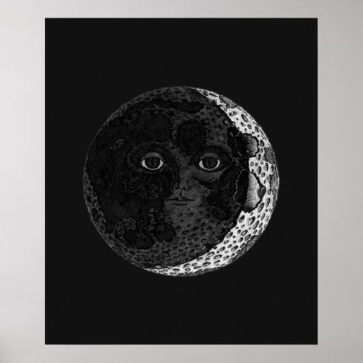 Moon Face Crescent Hand Drawn Ink Illustration Poster (Vorne)