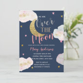Moon Navy Blue and Gold Baby Dusche Einladung (Stehend Vorderseite)