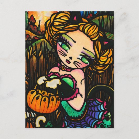 Moon Night Halloween Kitty Cat Girl Fantasy Art Postkarte (Vorderseite)