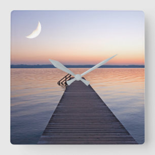 Moon Over Buscharner Footbridge   Starnberg Lake Quadratische Wanduhr