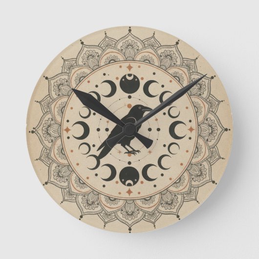 Moon Phase Raven Mandala Runde Wanduhr (Vorderseite)