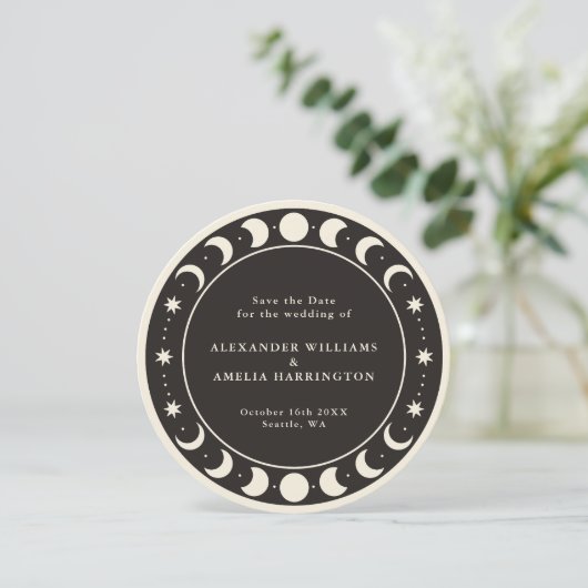 Moon Phases boho celestiale Save the Date Card (Stehend Vorderseite)