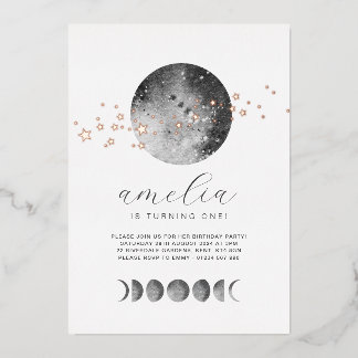 Moon Phases Gold Stars Geburtstags Rose Gold Folieneinladung