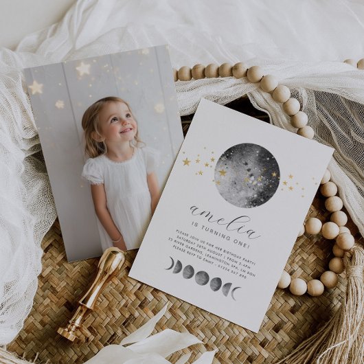 Moon Phases Gold Stars Photo Birthday Invitation Einladung