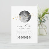 Moon Phases Gold Stars Photo Birthday Invitation Einladung (Stehend Vorderseite)