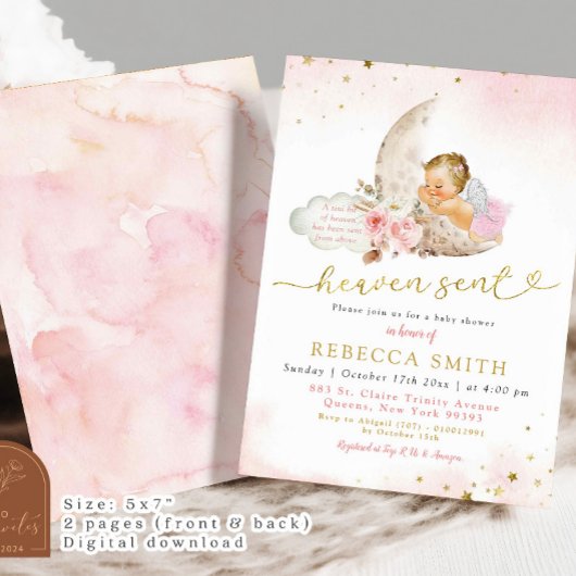 Moon Pink Boho Blonde Girl Angel Baby Dusche Einladung