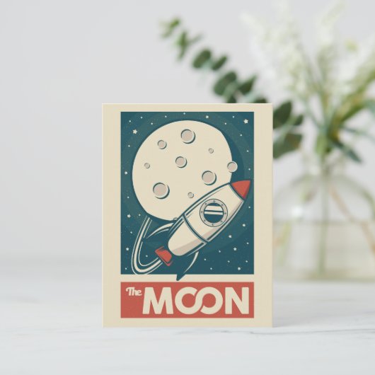 Moon Retro Galaxy Rocket Postkarte (Stehend Vorderseite)