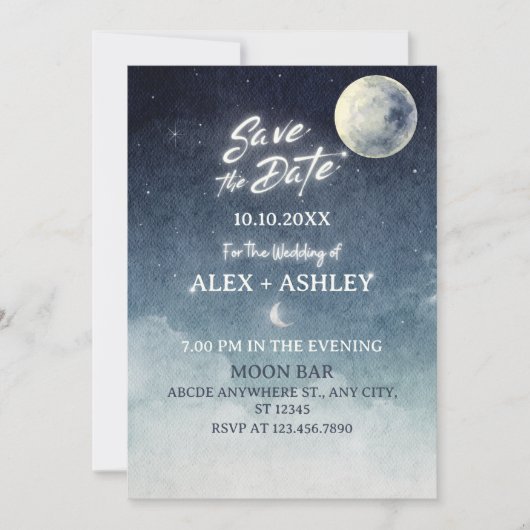 Moon Sky Light Stars Aquarell Save The Date (Vorderseite)