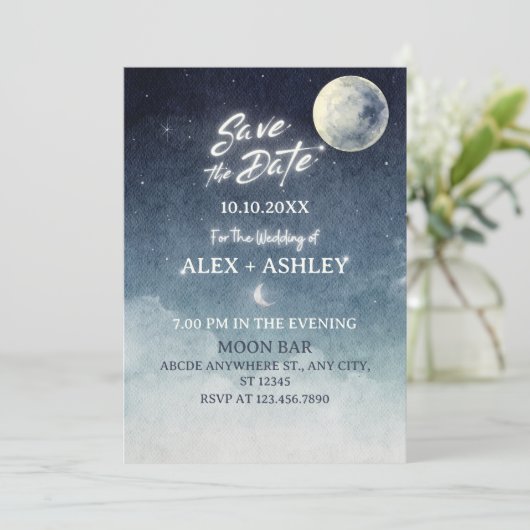Moon Sky Light Stars Aquarell Save The Date (Stehend Vorderseite)