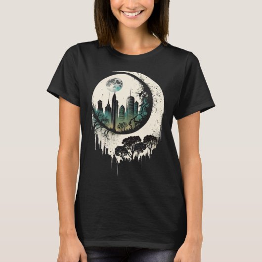 Moon Skyline City By Night Crescent Moon Aesthetic T-Shirt (Vorderseite)