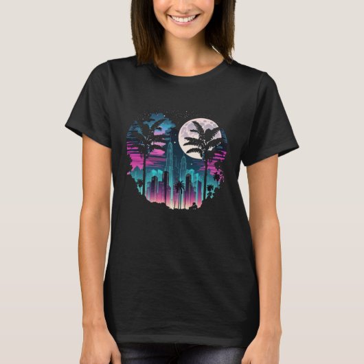 Moon Skyline City By Night Full Moon Vaporwave T-Shirt (Vorderseite)