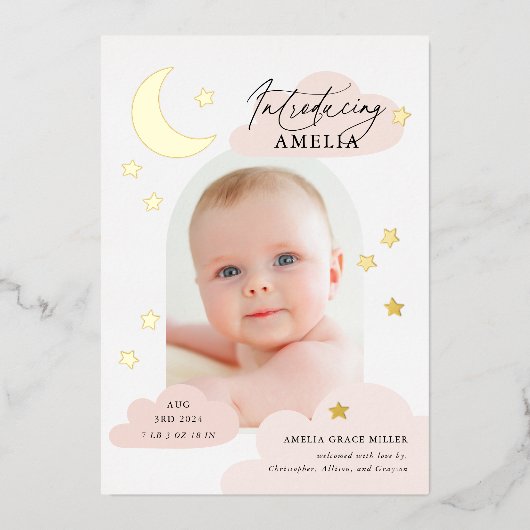 Moon Stars Arch Foto Rosa Geburtsankündigung Folieneinladung (Vorderseite)