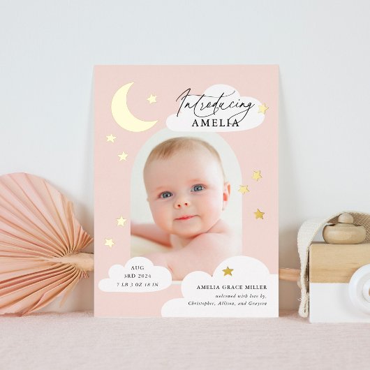 Moon Stars Arch Foto Rosa Geburtsankündigung Folieneinladung