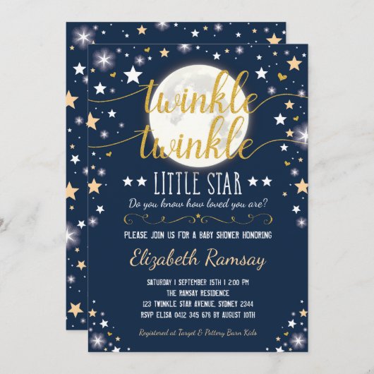 Moon & Stars Babydusche Navy Gold Twinkle Twinkle Einladung (Vorne/Hinten)
