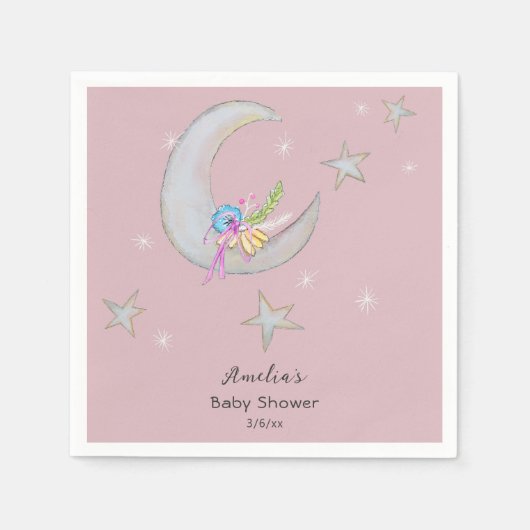 Moon Stars Blume Mauve Hand Drawn Baby Dusche Serviette (Vorderseite)