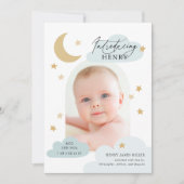 Moon Stars Clouds Arch Foto Baby Blue Birth Ankündigung (Vorderseite)