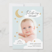 Moon Stars Clouds Arch Foto Baby Blue Birth Ankündigung (Vorderseite)