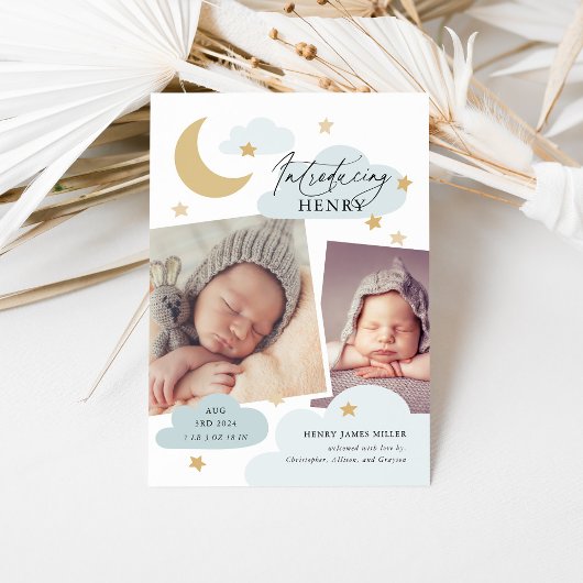 Moon Stars Clouds Collage Foto Baby Blue Birth Ankündigung