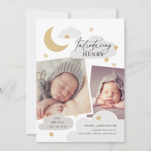 Moon Stars Clouds Collage Foto Grau Cloud Birth Ankündigung (Vorderseite)