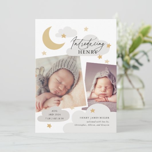 Moon Stars Clouds Collage Foto Grau Cloud Birth Ankündigung (Stehend Vorderseite)