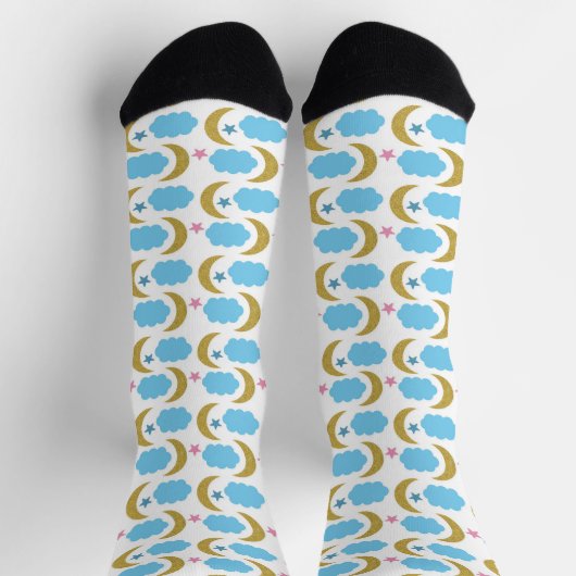 Moon Stars Clouds Imitats Gold Glitzer Blue Socken (Oben)