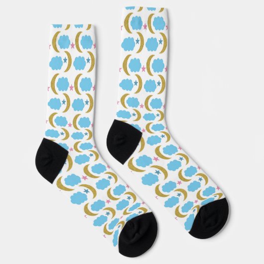 Moon Stars Clouds Imitats Gold Glitzer Blue Socken (Rechts)