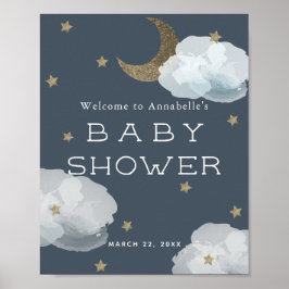 Moon Stars & Clouds Navy Blue Baby Dusche Willkomm Poster