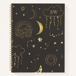 Moon & Stars Constellation Black & Gold Monogram Notizblock