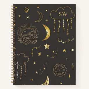 Moon & Stars Constellation Black & Gold Monogram Notizblock