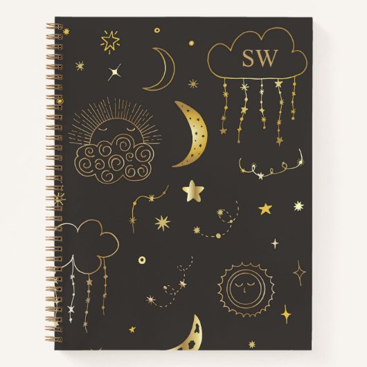 Moon & Stars Constellation Black & Gold Monogram Notizblock (Vorderseite)