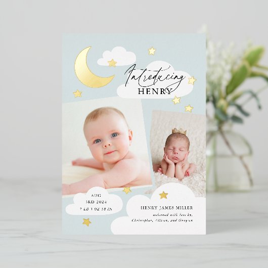 Moon Stars Foto Collage Blue Birth Ankündigung (Stehend vorne)