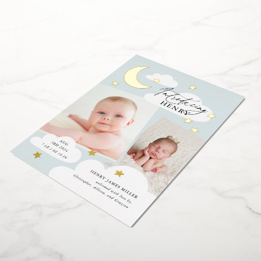 Moon Stars Foto Collage Blue Birth Ankündigung (Gedreht)