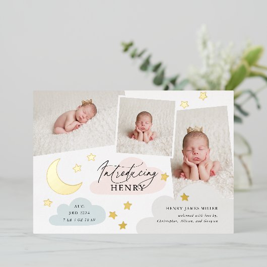 Moon Stars Foto Collage Multi Birth Ankündigung (Stehend vorne)