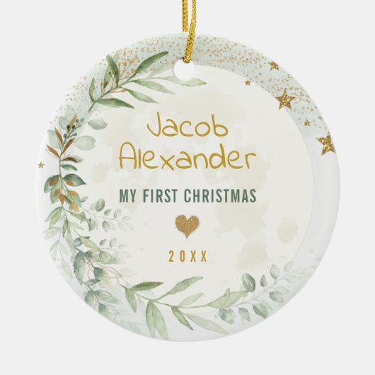 Moon & Stars Greenery Gold Baby 1. Weihnachten Keramik Ornament (Vorne)
