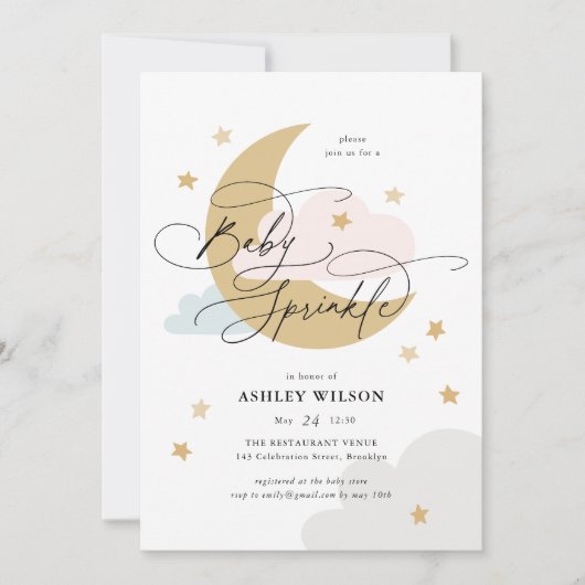 Moon Stars Matte Pink Blue Script Baby Sprinkle Einladung (Vorderseite)