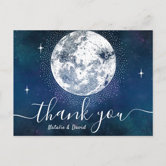 Moon & Stars Navy Blue Wedding Vielen Dank Postkarte (Vorderseite)