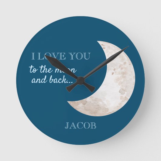 Moon Stars Navy Blue White Kinderzimmer Name Runde Wanduhr (Vorderseite)